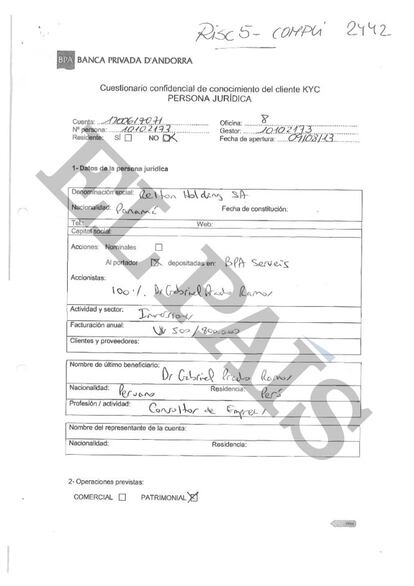 Cuestionario de confidencialidad entregado a la BPA por el ex alto cargo del Ayuntamiento de Lima (Perú) Gabriel Prado Ramos.