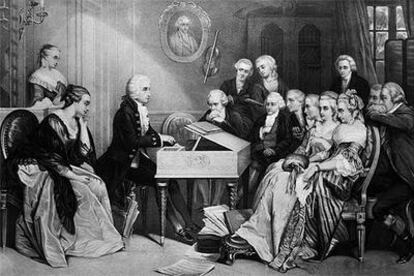 Concierto en la casa de Wolfgang Amadeus Mozart (al piano) y su esposa Constanze en 1880.
