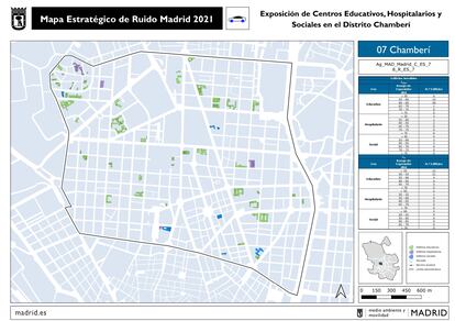 Mapa del ruido que sufren los colegios, hospitales y centros sociales de Chamberí.