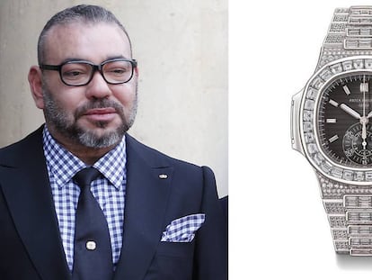 El rey Mohamed VI en viaje oficial a París, Francia, el 10 de abril de 2018. A la derecha, el nuevo reloj Patek Philippe del monarca.