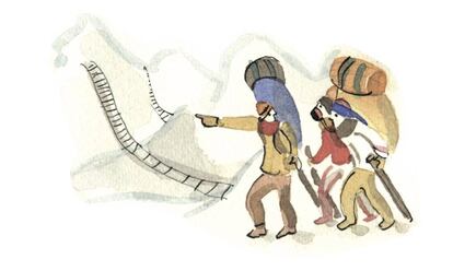 "Hacia el Everest" una de las acuarelas de la artista Laura Borràs que ilustran el libro "Krakauer esencial".