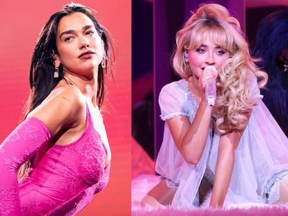 Fotomontaje de las cantantes Dua Lipa y Sabrina Carpenter durante conciertos de sus respectivas giras este 2025.
