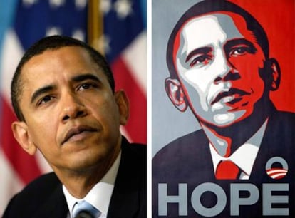 El retrato original de Obama (izquierda) junto a la polémica imagen