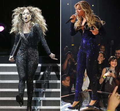 Mono con purpurina. Ojos ahumados y el cabello ondulado. Las dos cantantes lucieron el mismo estilo pero JLo lo utilizó durante su gira 'Dance Again' en Kuala Lumpur en diciembre de 2012; mientras que Beyoncé lo llevó un año depsués en su 'tour' 'El show de la señora Carter', en diciembre de 2013.