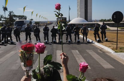 Manifestantes defensores de Rousseff sujetan rosas mientras la policia militar vigila la entrada del Congreso Nacional Brasileño, durante el juicio político a Dilma Rousseff, en Brasilia.