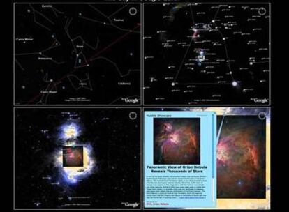 Ejemplo de navegación por Sky cuando se busca la nebulosa de Orión. En cuatro pantallas, se pasa de una vista de las constelaciones a la constelación de Orión, la situación de la nebulosa y una imagen de ésta con sus datos.