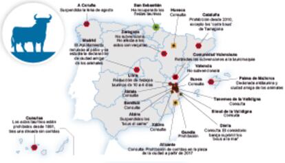 Mapa de las medidas sobre tauromaquia en España