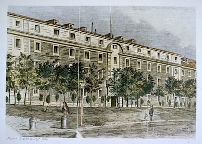 El cuartel de San Gil y la plaza de San Marcial, en un grabado de 1866 reproducid en la prensa de la época. El edificio se concibió inicialmente como convento, pero José Bonaparte le dio uso militar.