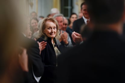 French author Annie Ernaux, winner of the Nobel Prize for Literature, looks on following her Nobel lecture at the Swedish Academy in Stockholm, Sweden, Wednesday Dec. 7, 2022. (Fredrik Persson/TT News Agency via AP)