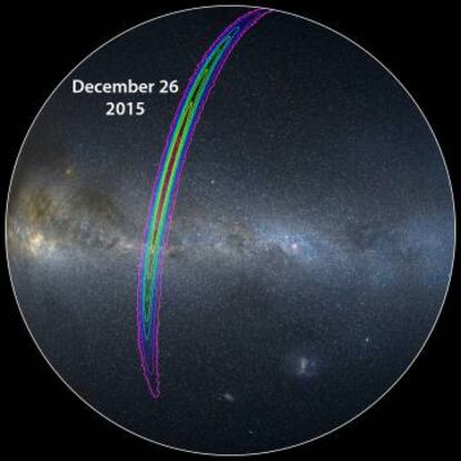 Reconstrucción de la ubicación de los dos agujeros negros y las ondas generadas vistas desde el hemisferio sur