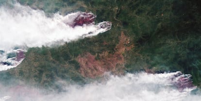 Imagen satélite del incendio forestal en la región Krasnoyarsk (Rusia).