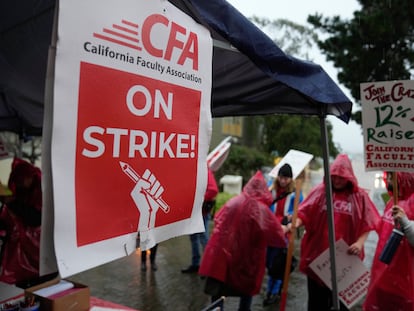 California Faculty Association members rally and picket outside San Francisco State University in San Francisco, Monday, Jan. 22, 2024.