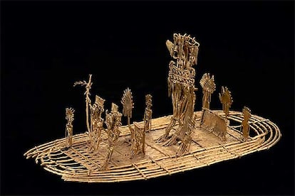 Balsa muisca, figura de ofrenda religiosa fechada entre los años 600 y 1600, hallada en Pasca (Cundinamarca), Colombia.