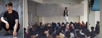 El profesor Ali Reza Faizi, retratado en Islamabad y, a la derecha, durante una de sus clases en la academia en la que un terrorista mató a 34 personas el pasado octubre.