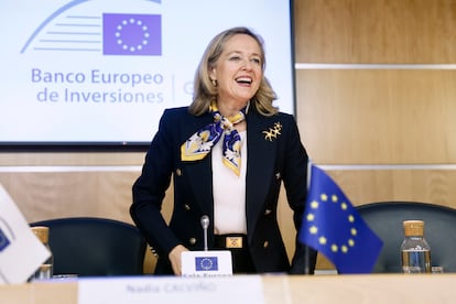 La presidenta del Banco Europeo de Inversiones (BEI), Nadia Calviño, en la presentación de los resultados de 2024 del grupo en España.