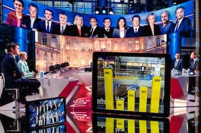 Retransmisión de los resultados electorales de la primera vuelta de las presidenciales en Francia el 10 de abril de 2022.