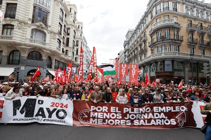 Cabecera de la manifestación del Primero de Mayo, en Madrid en 2024.