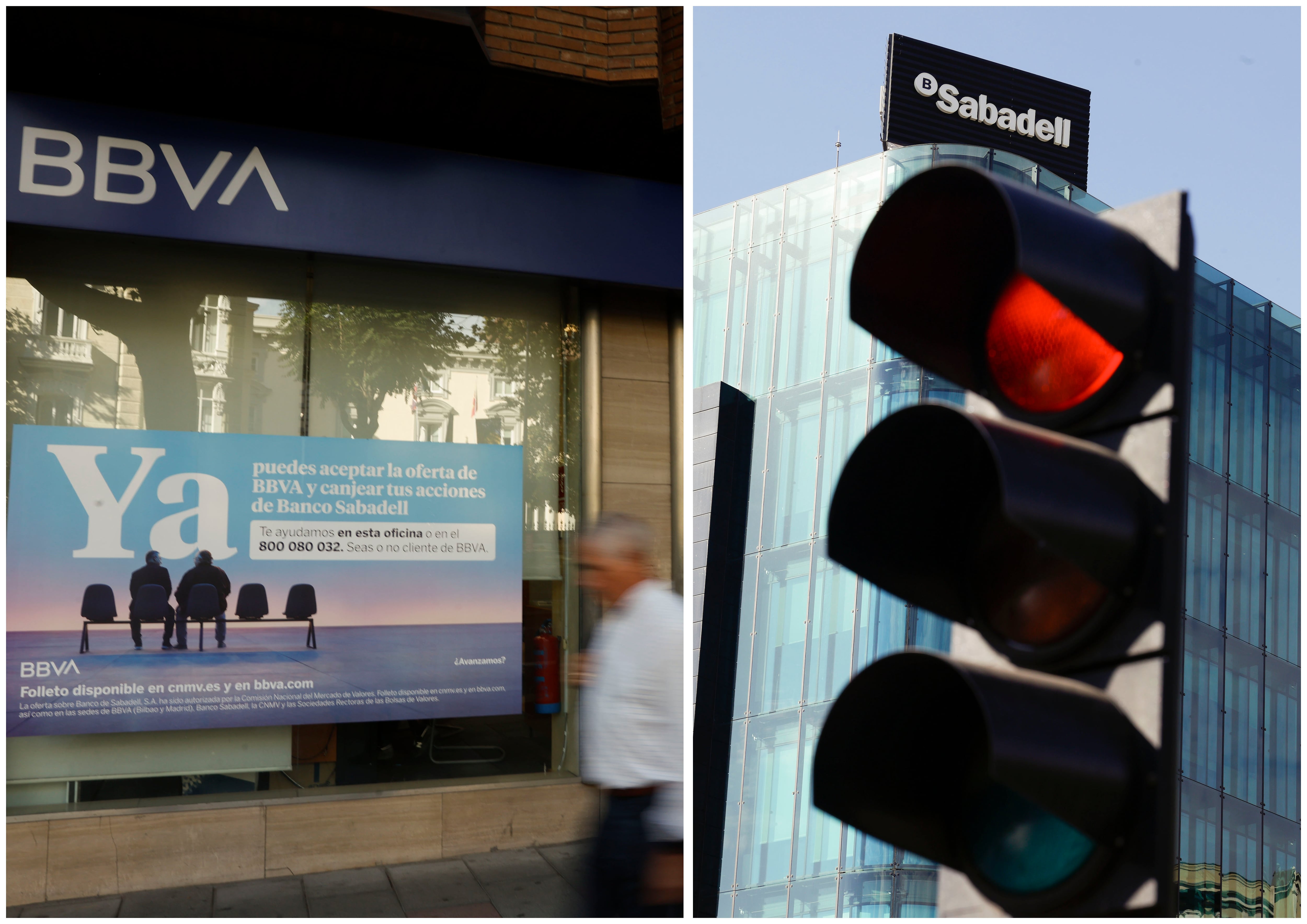 Una oficina del BBVA y la sede del Sabadell en Barcelona.