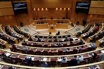 María Jesús Montero, durante su intervención en el pleno de debate de la totalidad del proyecto de Ley de los Presupuestos Generales en el Senado, este lunes.