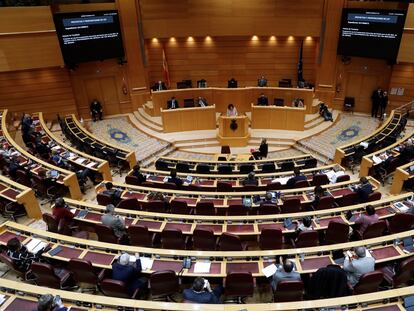 María Jesús Montero, durante su intervención en el pleno de debate de la totalidad del proyecto de Ley de los Presupuestos Generales en el Senado, este lunes.