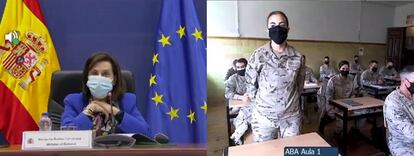 La ministra de Defensa, Margarita Robles, habla con una alumna de la academia del Ejército del Aire en León durante la videoconferencia.