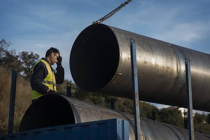 A pipe to be used in the construction of a vertical tunnel next to the borehole.