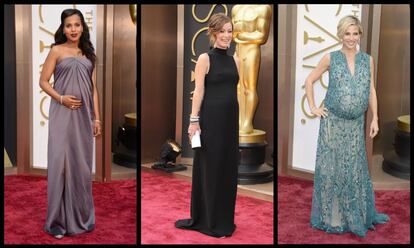 Tres formas distintas de vestir de gala un embarazo. De izquierda a derecha, Kerry Washington, con vestido drapeado de Jason Wu; Olivia Wilde, con uno negro de Valentino; y Elsa Pataky, con un diseño bordado de Elie Saab.