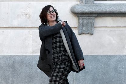 La exdiputada de la CUP Eulàlia Reguant, a su llegada el 27 de febrero de 2019 al Tribunal Supremo, para declarar como testigo en el juicio del 'procés'.