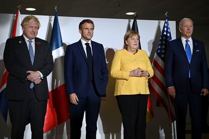 Boris Johnson, Emmanuel Macron, Angela Merkel y Joe Biden, durante el G-20. 