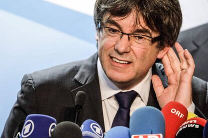 Carles Puigdemont, en una roda de premsa a Brussel·les després de les eleccions autonòmiques a Catalunya.