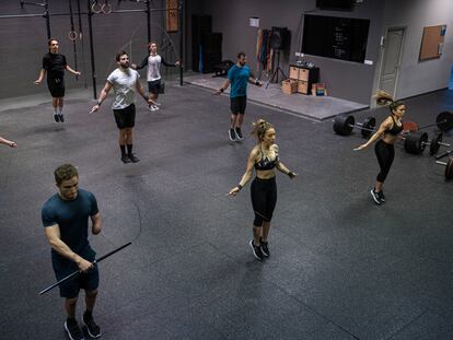 A group of people exercise in a gym in Eibar, in northern Spain.