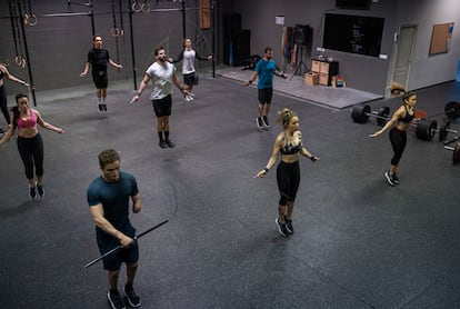 A group of people exercise in a gym in Eibar, in northern Spain.