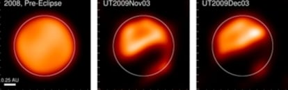 Imágenes de la progresión del eclipse iniciado en 2009 en el sistema binario Epsilon Aurigae. Se produce cada 27,1 años y dura 18 meses.