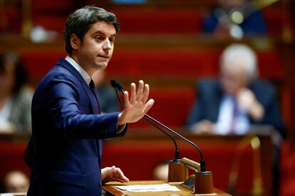 El primer ministro francés, Gabriel Attal, durante su intervención en el Asamblea Nacional, en París, el 30 de enero. 