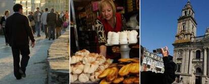 De izquierda a derecha, tres rincones de Lugo: paseo de ronda sobre la muralla romana, dulces en la pastelería Santos y fachada de la catedral.