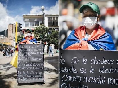 “Estoy en esta manifestación porque me nace, me gusta, soy feliz. Y también para que los jóvenes tengan un mejor futuro”, proclama Luz Nelly Vargas junto a la Plaza de Bolívar, el corazón de Bogotá. A sus 75 años salta y entona a todo pulmón el popular “a parar para avanzar”, el cántico que sale de los parlantes de los grupos de comparsas organizados por las centrales obreras. Usa tapabocas. Todavía no se ha vacunado, pero no le teme al contagio: “hace un mes estoy marchando, no me da pereza, y gracias a dios, nada”. Trabajó muchos años en una fábrica de licores, pero ahora se dedica a labores domésticas. Marcha casi a diario junto a su hijo René, de 52 años, “dándoles ánimos a los jóvenes”. Vienen de Soacha, un municipio aledaño a la capital que ha sido escenario de protestas, disturbios y la quema de un bus articulado esta semana. “Gústeles o no les guste, el paro no va a parar”, asegura.