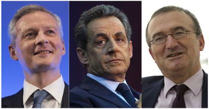 Sarkozy, flanquejat pels també candidats Le Marie (esquerra) i Mariton (dreta).