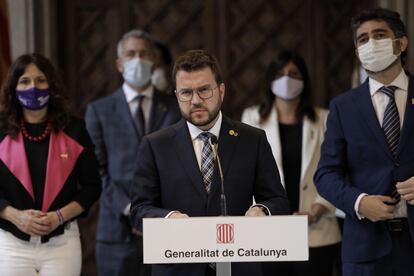 El presidente catalán, Pere Aragonès, durante su comparecencia el martes tras las revelaciones sobre el espionaje.