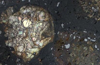 Corte seccional de la condrita carbonácea rica en amoníaco GRA 95229, de la NASA, vista al microscopio petrográfico.