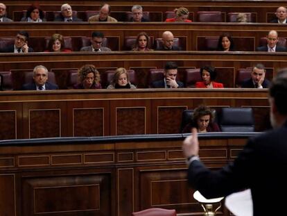 El presidente del Gobierno, Mariano Rajoy (de espaldas), en una comparecencia ante el Congreso de los Diputados.  