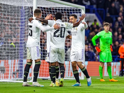 Valverde, Vinicius, Ceballos y Rodrygo celebran el segundo gol del Real Madrid el pasado martes ante el Chelsea.