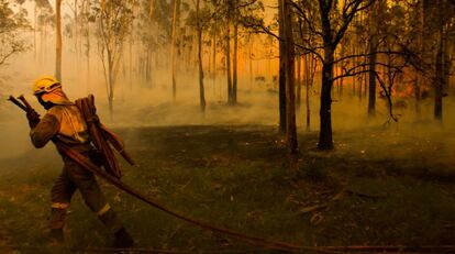Incendio forestal en Rianxo (A Coruña), este martes. 