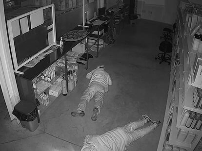 Grabación de una cámara de seguridad facilitada por la Guardia Civil en la que aparecen los autores de un robo en una empresa de productos agrícolas.