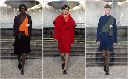 Tres de las propuestas vistas en el desfile de la colección de Homme Plissé Issey Miyake, el 18 de junio en Pitti Uomo.