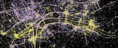 Mapa del libro &#039;London: the information capital&#039; donde se muestra la captura de 1,5 millones de fotos colgadas en Flickr.