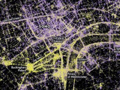 Mapa del libro &#039;London: the information capital&#039; donde se muestra la captura de 1,5 millones de fotos colgadas en Flickr.