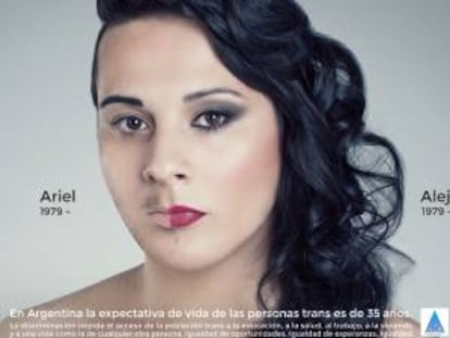 Fundación Huesped. "En Argentina la expectativa de vida de una persona trans es de 35 años. La discriminación impide el acceso de la población trans a la educación, a la salud, al trabajo, a la vivienda y a una vida como cualquier otra persona. Igualdad de oportunidades. Igualdad de esperanzas. Igualdad". Agencia desconocida.