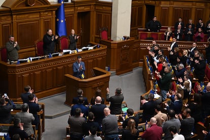 El presidente del Gobierno español, Pedro Sánchez, durante su intervención este jueves ante el Parlamento ucranio.