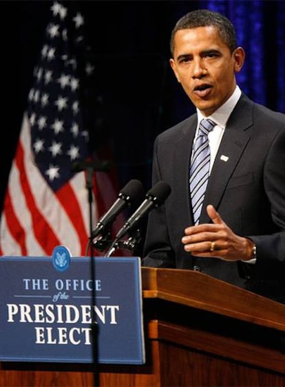 El presidente electo de EE UU, Barack Obama, durante su discurso en la Universidad George Mason en Fairfax (Washington)