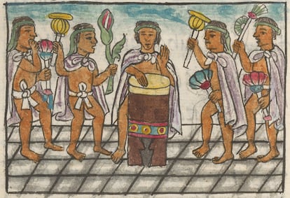 Dancers and musician playing the ‘huéhuetl,’ a vertical drum, from Book 9 of the Florentine Codex.